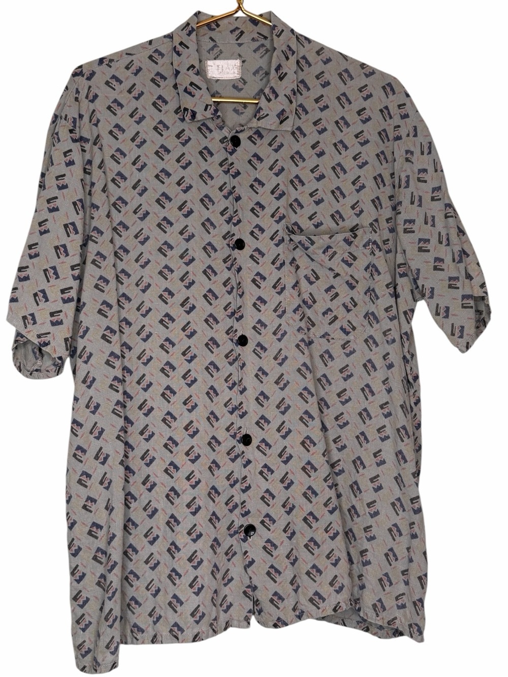 Flax Short-Sleeve Button-Up Shirt in Light Green with Navy Geometric Print